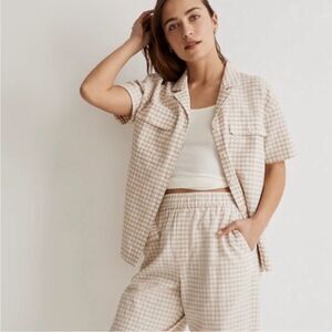 Madewell Camp Checked Gingham Plaid Boxy Gauze Button Down Shirt Tan Small NWT‎